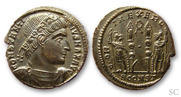 AE3 de Constantino II. GLORIA EXERCITVS. Arlés _arles_RIC_VII_370,S