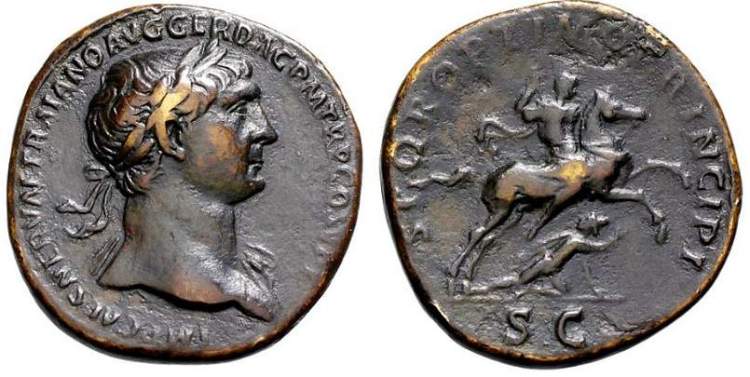 Sestercio de Trajano - SPQR OPTIMO PRINCIPI - Emperador a caballo sobre Dacio RIC_0543,Sestertius.1